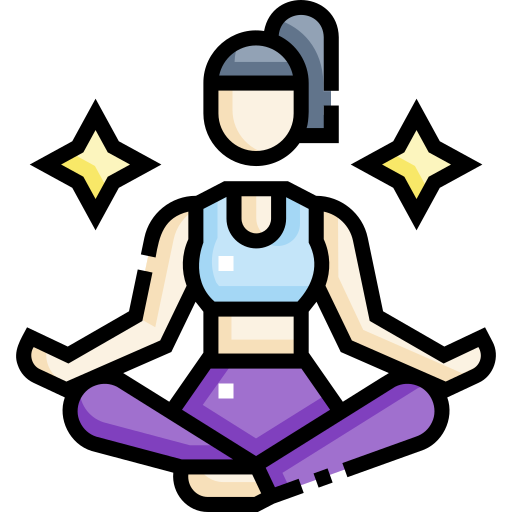 yoga_4383085 - Corporate Mind Craft Meditation icon with woman sitting cross-legged, sparkles around